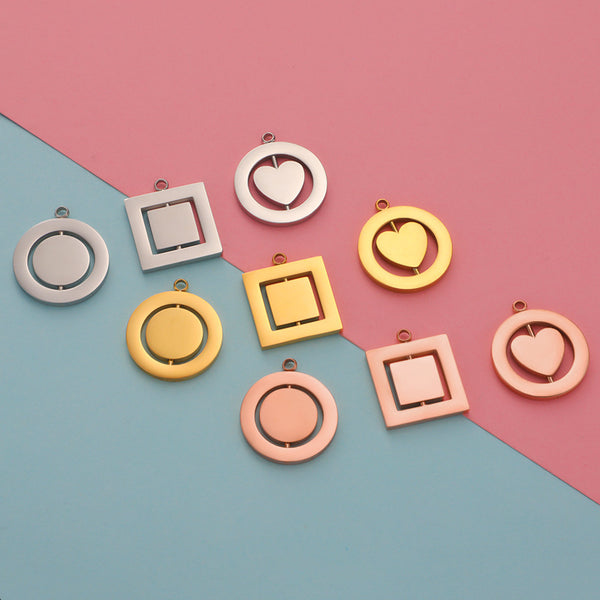 Mirror Stainless Steel Hollow Rotatable Square Round Heart Jewelry Accessories Diy Pendant