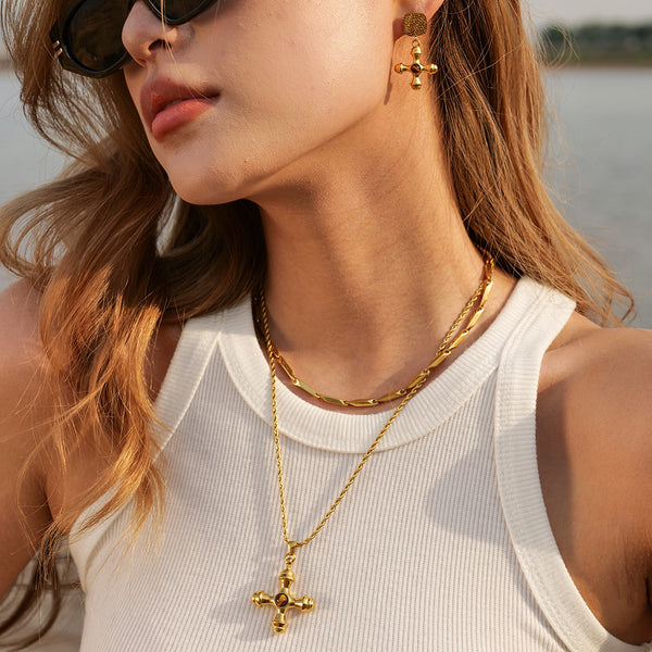 18K Gold Stainless Steel Cross Necklace Tiger's Eye Pendant Not Fade Jewelry