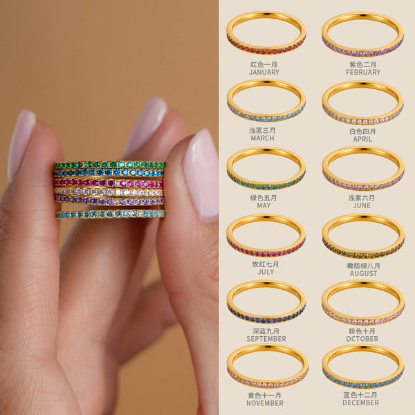Stainless Steel 18k Gold-Plated December Birthstone Ring Micro-Inlaid Zircon Row Diamond