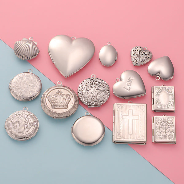 316L Smooth Stainless Steel Love Heart Round Square Photo Box Accessories DIY