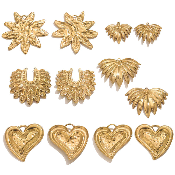 Style Stainless Steel Embossed Textured Gold Pendant Set Flower Love Shape DIY Jewelry