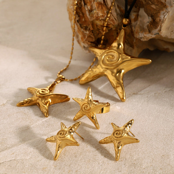 18k Gold Stainless Steel Pentagram Starfish Swirl Threaded Hoop Earrings