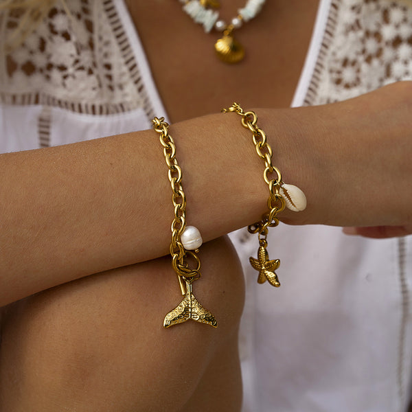 18k Gold Stainless Steel Starfish Shell Conch Bracelet
