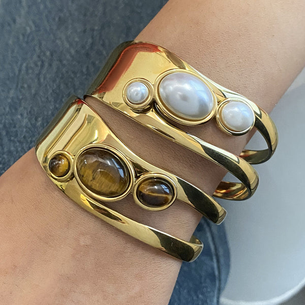 Stainless Steel Hollow Pearl Bracelet High Version Natural Stone Open Bracelet