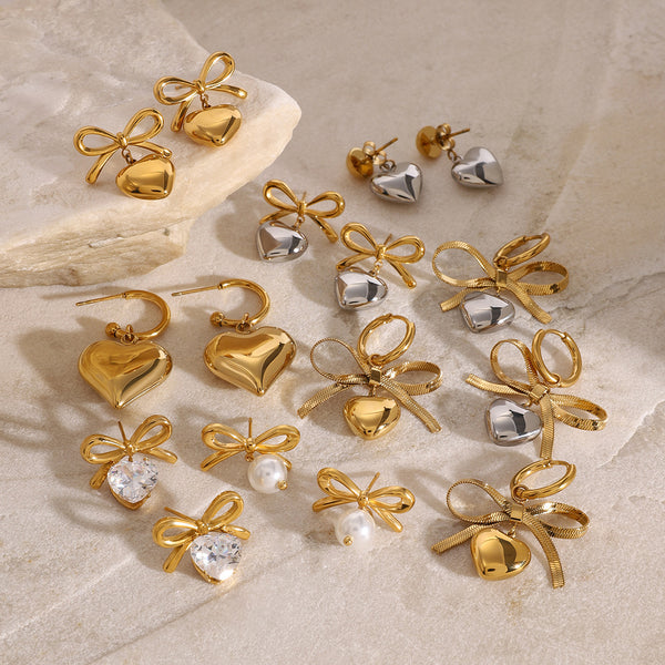 Stainless Steel Valentine's Day Bow Stud Earrings High-Quality Zircon Heart Earrings
