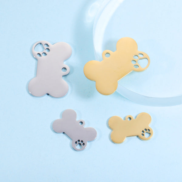 Mirror Stainless Steel Fine Polished Pet Accessories DIY Dog Bone Cut-Out Paw Pendant