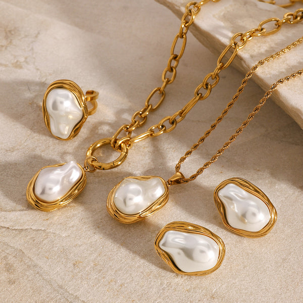 Stainless Steel Pearl Necklace Pendant High-End Exaggerated Niche Earrings Ring