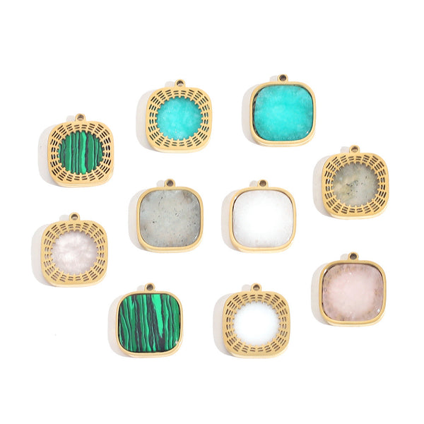 Natural Stone Stainless Steel Pendant Gold-Plated Square Pendant Diy Handmade Accessories