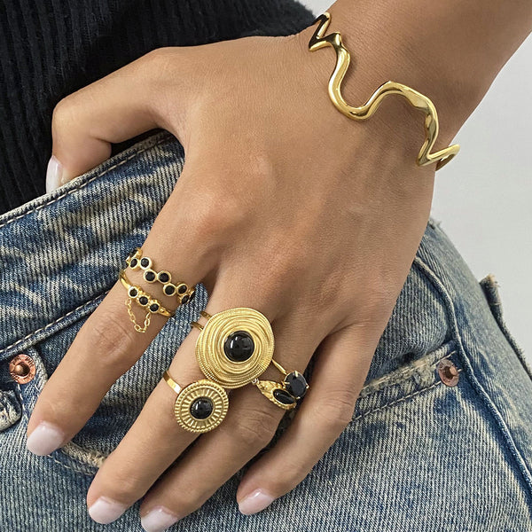 Stainless Steel Black Agate Rings Natural Stone Rings Hand Jewelry