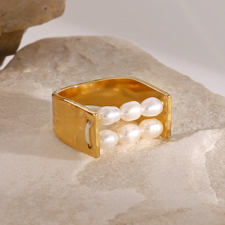 18k Gold Stainless Steel Pearl Ring High-End Niche Ring Hand Jewelry