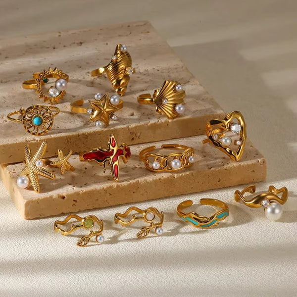 Stainless Steel Open Rings Plated With 18k Gold High-End Imitation Pearl Geometric Love Rings