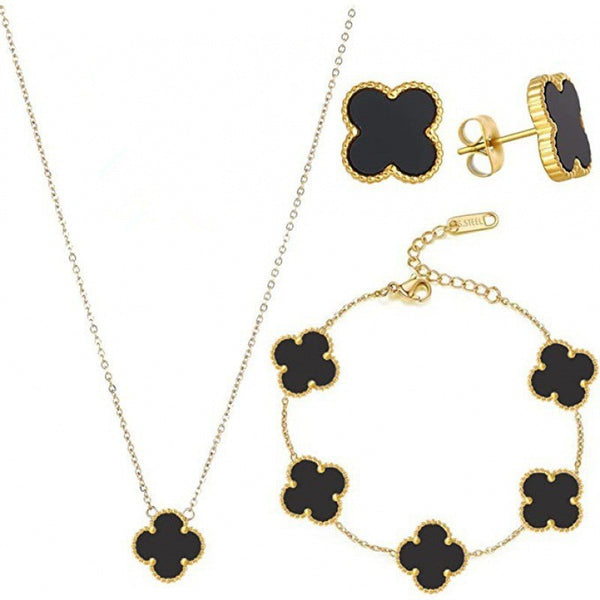 Stainless Steel Four-Leaf Clover Necklace Bracelet Three-Piece Set