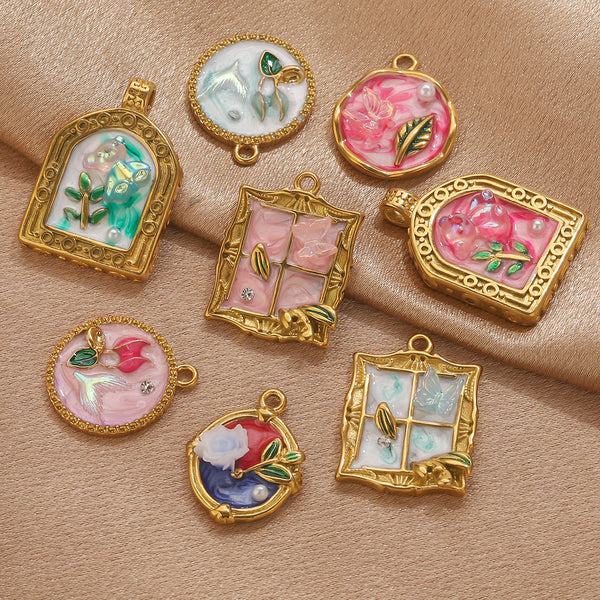 Stainless Steel Oil Painting Flower Pearl Series Pendant Diy Accessories