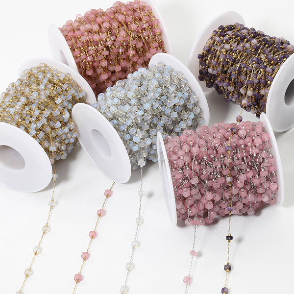 Stainless Steel Bead Chain Flat Bead Stainless Steel Crystal Stone Beaded Chain Diy Bracelet Necklace Jewelry Accessories