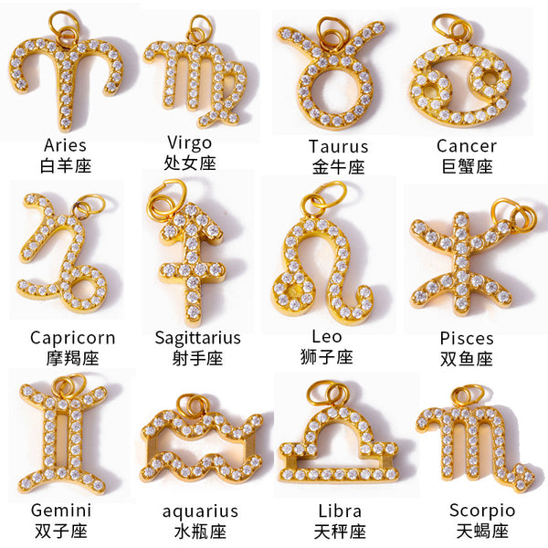 Stainless Steel 12 Zodiac Signs Pendants Inlaid With Diamonds Vacuum Plating Diy Jewelry Accessories