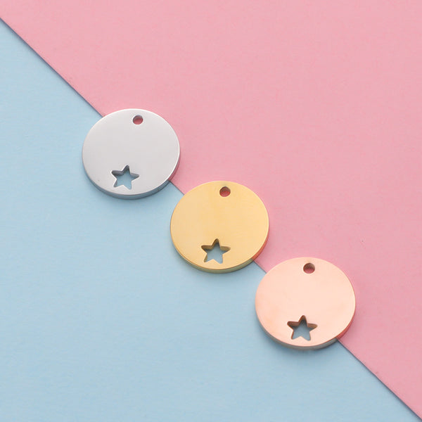 Mirror Stainless Steel Disc Hollow Small Star Pentagram Engraving Round Sign Pendant Diy Jewelry Accessories