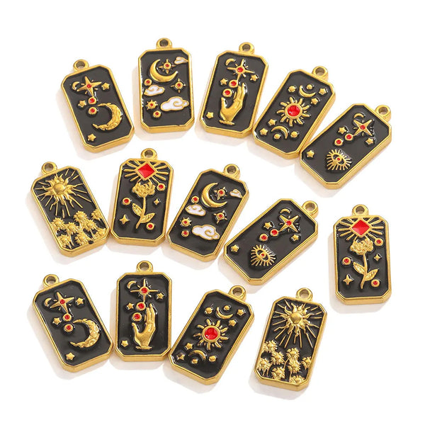 Stainless Steel Rectangular Tarot Card Starry Sky Pendant Enamel Palm Moon Tag Diy Earrings