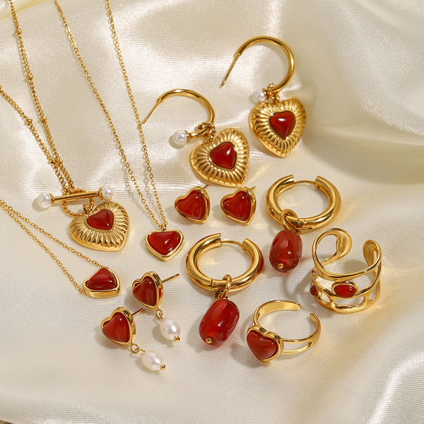 18k Gold Stainless Steel Red Agate Love Necklace High-End Pendant Earrings Niche Ins Style Ring