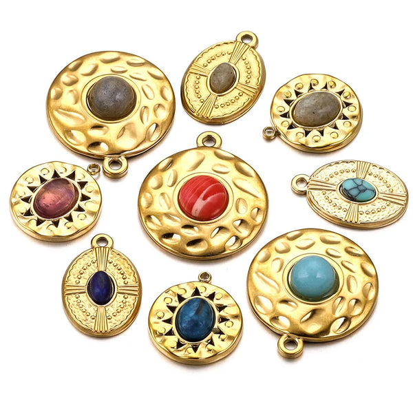 Stainless Steel Natural Stone Round Oval Pendant Vintage Embossed Pendant Diy Accessories