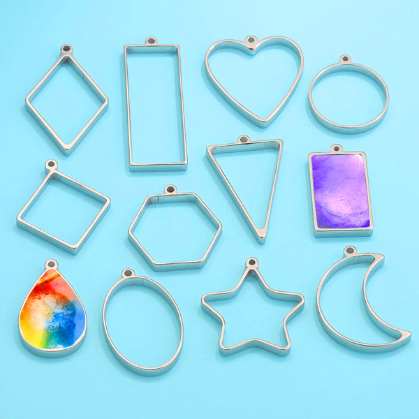 Stainless Steel Polished Drip Glue Geometric Pattern Hollow Border Gemstone Pendant DIY Handmade Jewelry Accessories