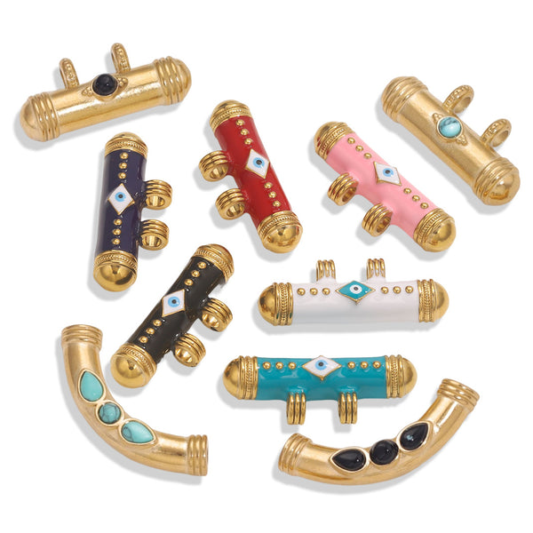 Stainless Steel Dripping Oil Natural Stone Tubular Bead Pendant Eye Boho Style Beaded Diy Pendant