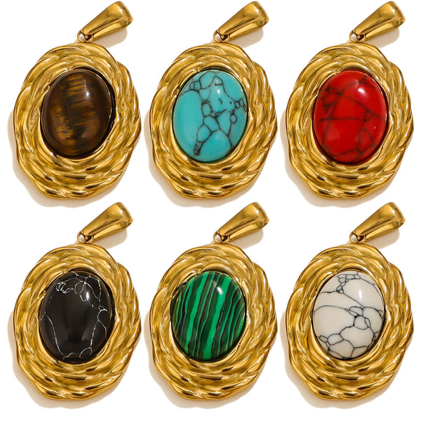 Stainless Steel Plated 18k Real Gold Pendant Natural Stone Pendant Emerald Oval Pendant