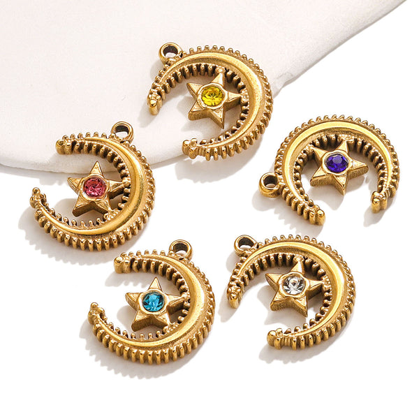 Stainless Steel Moon Five-Pointed Star Flash Crystal Pendant Diy Accessories Pendant