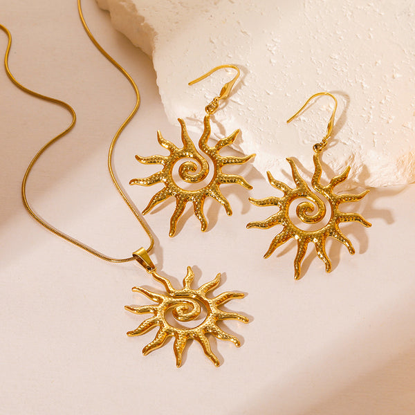Stainless Steel Jewelry 18k Gold Sun Pendant Necklace Earrings Jewelry Set