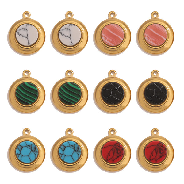 Stainless Steel Gold Plated Natural Stone Round Charm Pendant DIY Accessories
