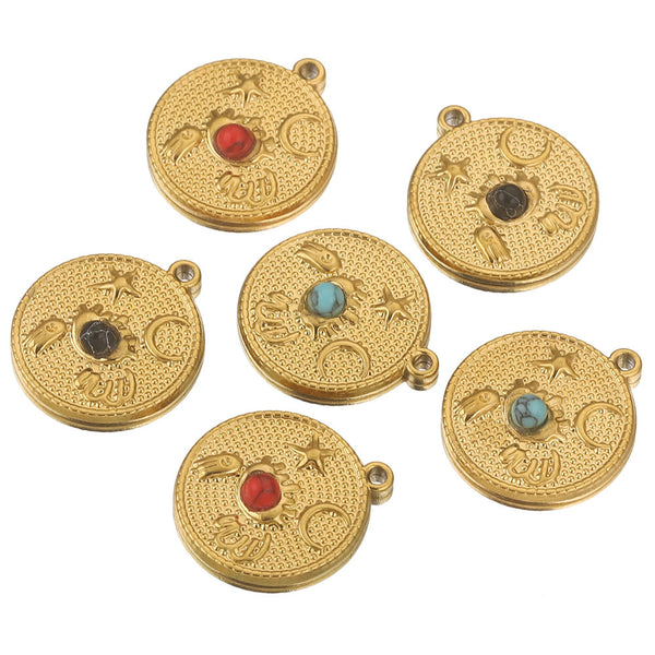 Stainless Steel Natural Stone Round Moon Star Pendant Embossed Pendant DIY Jewelry Accessories