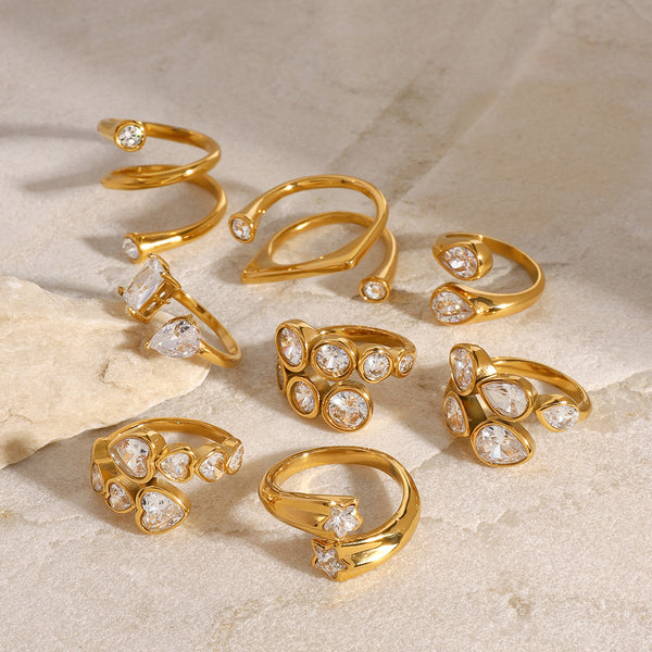 18k Gold Stainless Steel Zircon Open Ring Hand Jewelry For Women