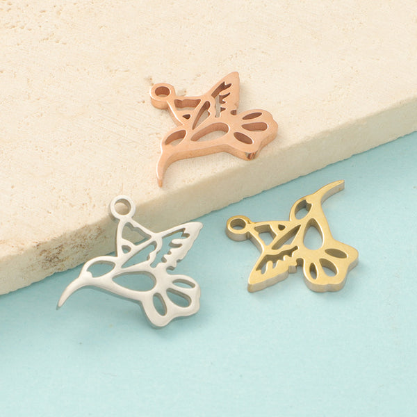 Hollow Flying Bird Double Sided Mirror Fine Polished Stainless Steel Animal Bird Hummingbird Pendant DIY Jewelry Accessories