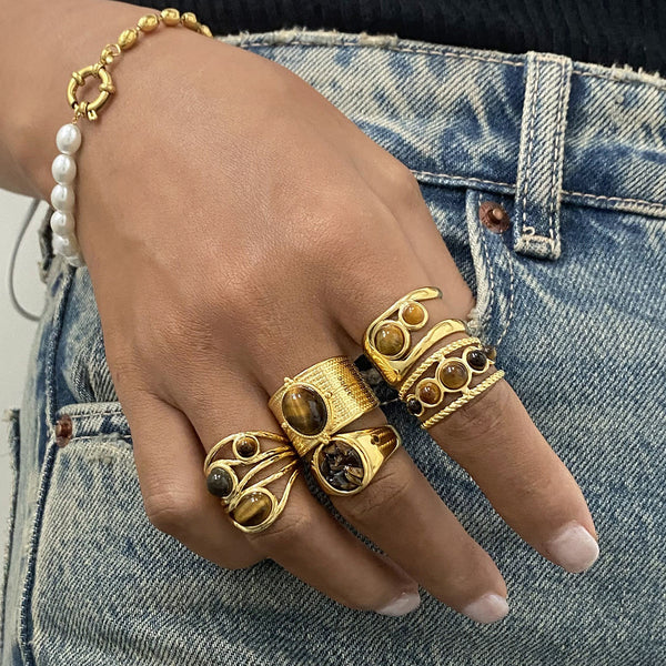 Stainless Steel Tiger's Eye Ring Natural Stone Ring Hand Jewelry