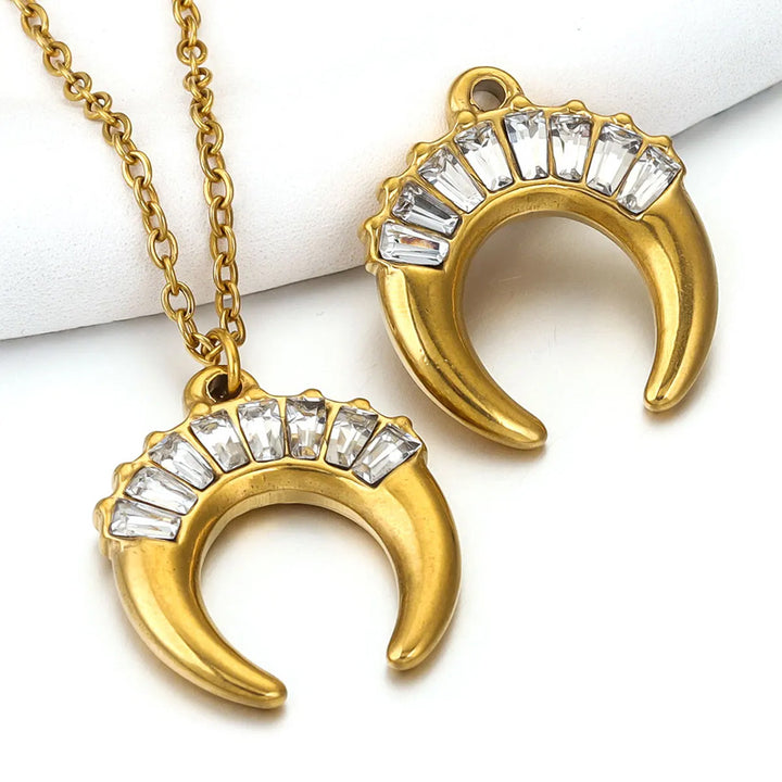 Stainless Steel 18k Gold-Plated Zircon Horn Moon Pendant Diy Necklace Jewelry