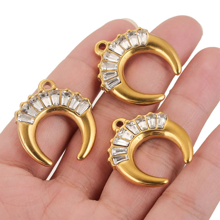 Stainless Steel 18k Gold-Plated Zircon Horn Moon Pendant Diy Necklace Jewelry