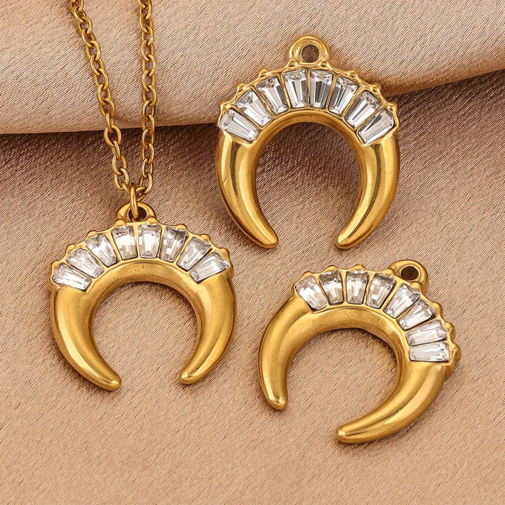 Stainless Steel 18k Gold-Plated Zircon Horn Moon Pendant Diy Necklace Jewelry