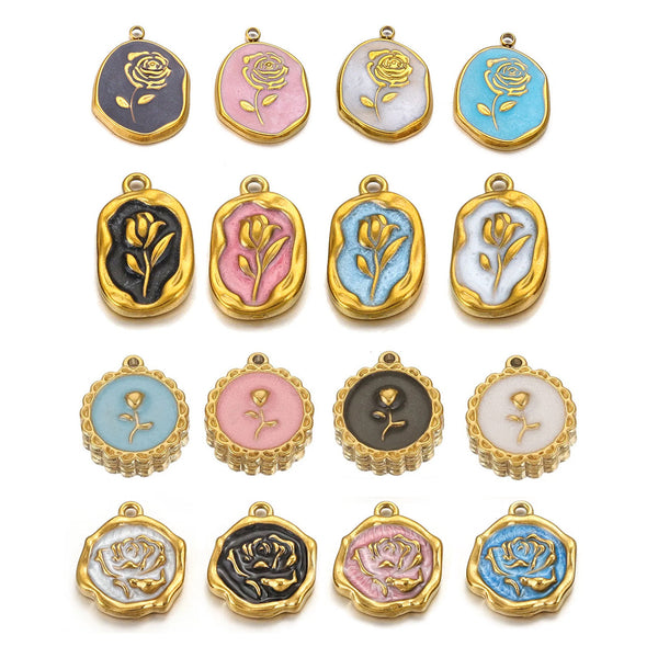 Stainless Steel Rose Tulip Drip Oil Enamel Badge Pendant Flower DIY Handmade Earring Necklace