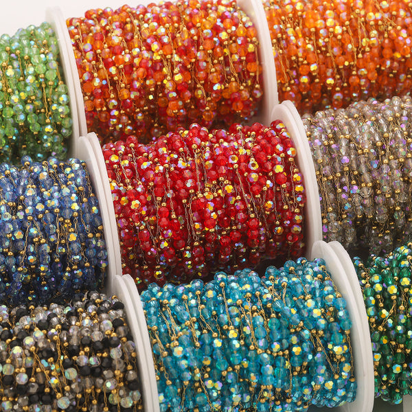 Color Preservation Stainless Steel Electroplated Gold Natural Stone Crystal Bead Chain