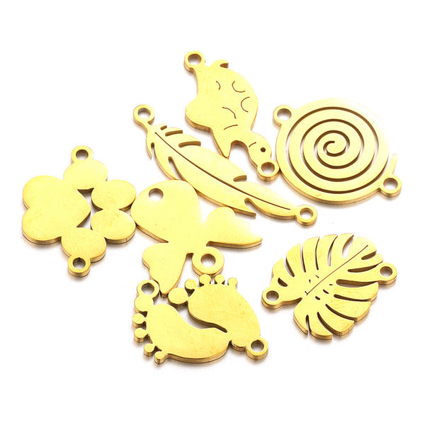 Stainless Steel Gold Plated Bear Paw Feather Dinosaur Double Hole Pendant