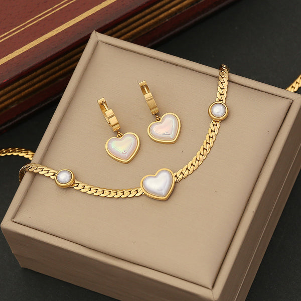 Stainless Steel Jewelry Set Pearl Love Necklace Earrings