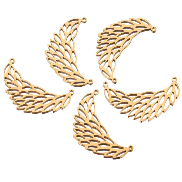 Stainless Steel Double Hole Feather Pendant 18K Gold Vacuum Plating Pendant DIY Necklace Bracelet Jewelry Making Accessories