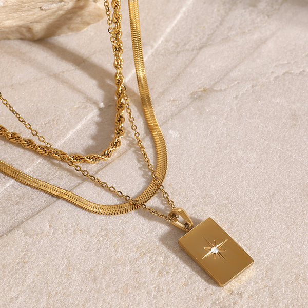 Stainless Steel Glossy Square Star Hollow Three-Layer Pendant Necklace