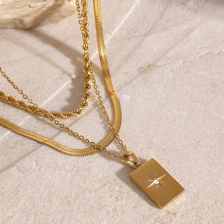 Stainless Steel Glossy Square Star Hollow Three-Layer Pendant Necklace
