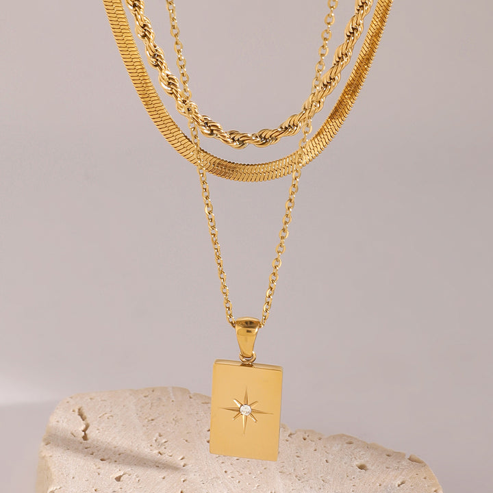 Stainless Steel Glossy Square Star Hollow Three-Layer Pendant Necklace