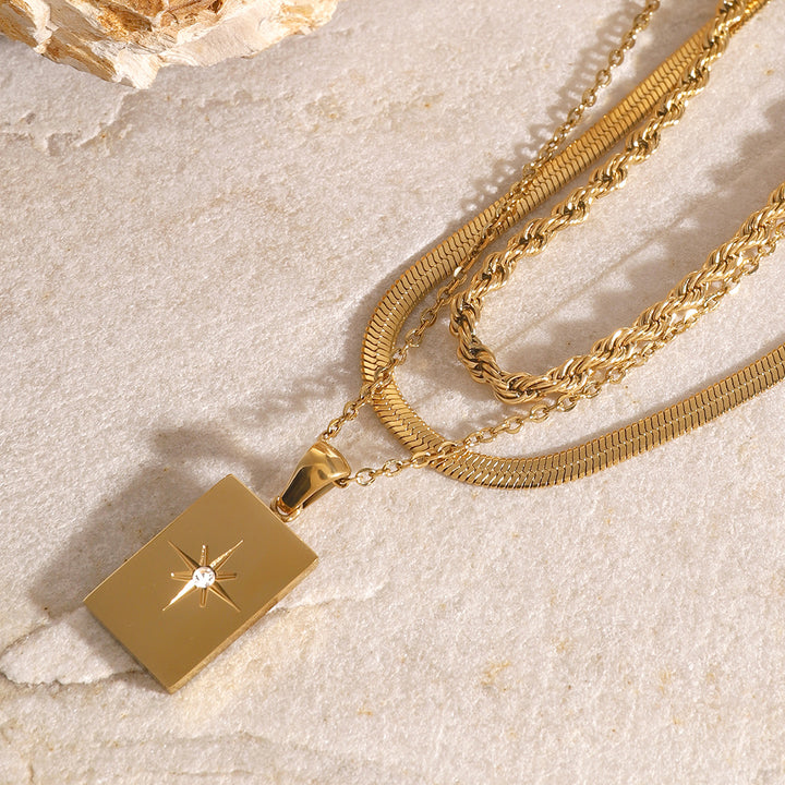 Stainless Steel Glossy Square Star Hollow Three-Layer Pendant Necklace