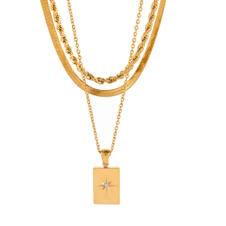 Stainless Steel Glossy Square Star Hollow Three-Layer Pendant Necklace