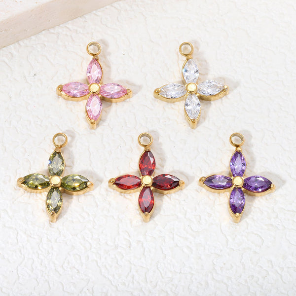 Clover Zircon Pendant Stainless Steel Stone 18K Gold Handmade DIY Accessories