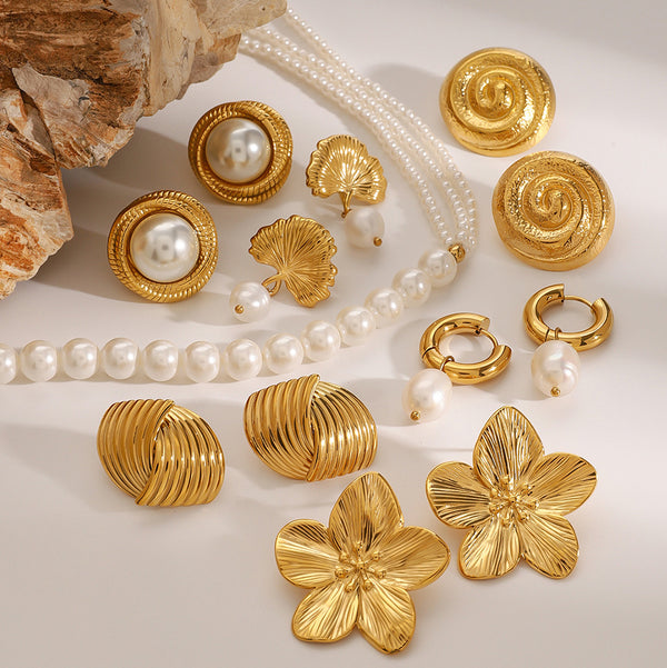 Stainless Steel Pearl Necklace High-End Exaggerated Flower Stud Earrings